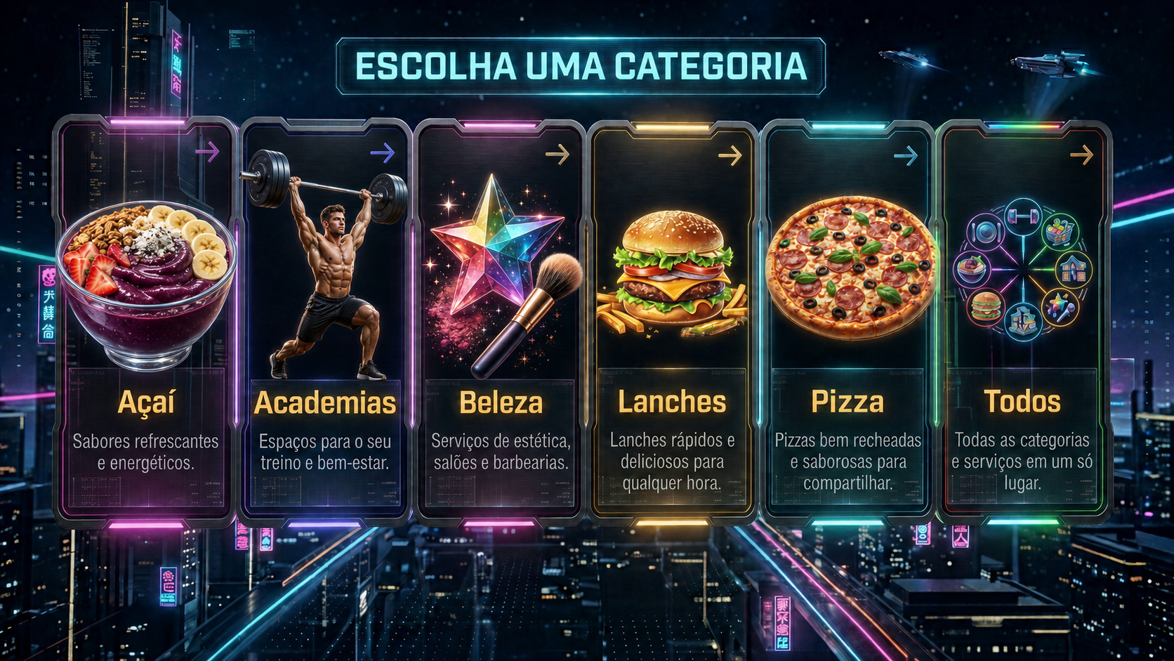 Menu tecnológico com Açaí, Academias, Beleza, Lanches, Pizza e Todos